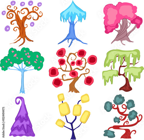 fantasy magic tree set cartoon. glowing sacred, majestic legendary, secret bewitched fantasy magic tree sign. isolated symbol vector illustration