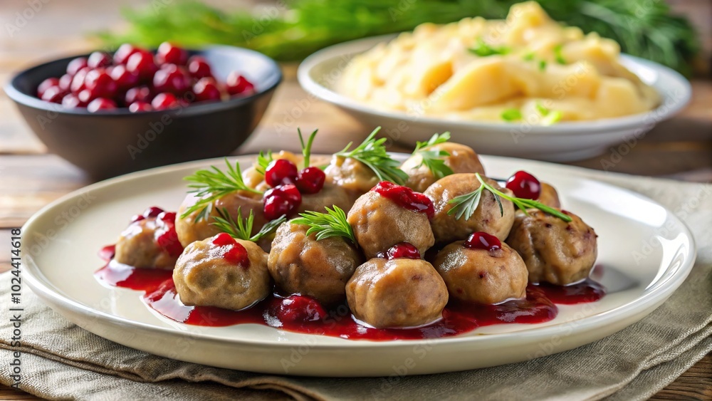 Traditional Swedish food consisting of meatballs, mashed potatoes, and lingonberry sauce