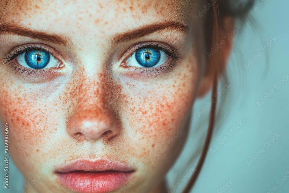 Striking blue eyes freckles on young woman's face Striking blue eyes freckles on young woman's face