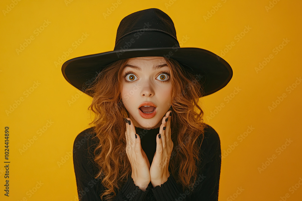 Surprised young woman dressed for Halloween as witch on yellow background Surprised young woman dressed for Halloween as witch on yellow background