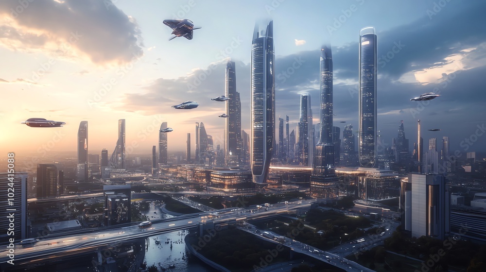 A futuristic cityscape with flying cars in the sky. A futuristic cityscape with flying cars in the sky.