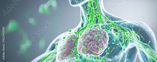 A zoomed-in 3D model of the lymphatic system in the abdomen, showing the symmetry of lymph nodes and their alignment with the nearby blood vessels. photo