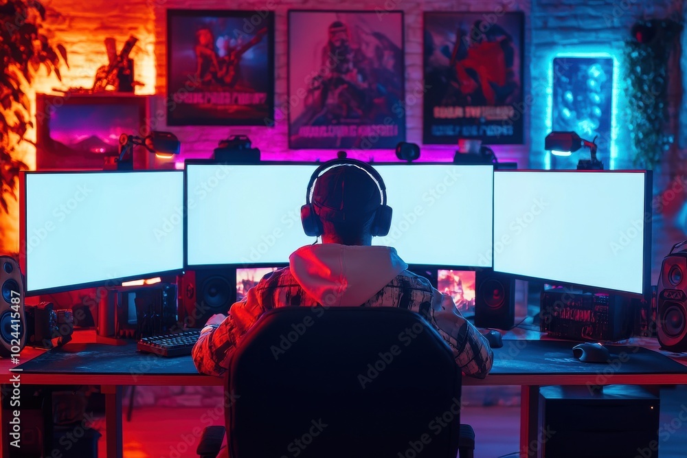 Gamer immersed in a custom gaming setup with multiple blank monitors Gamer immersed in a custom gaming setup with multiple blank monitors