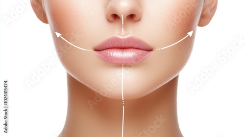 An advertising graphic of a female face with dotted lines showing the path of a non-invasive face-lifting procedure, enhancing the cheeks and neck.
