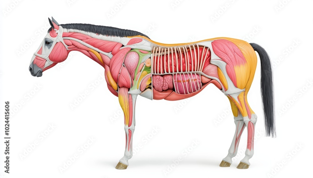 Obraz premium An anatomical illustration of a horse, showing the muscular system, skeletal structure, and internal organs.