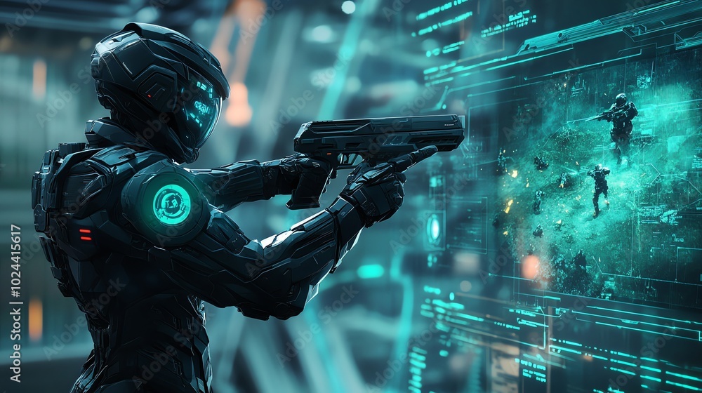 Futuristic soldier with a weapon looks at a holographic screen. Futuristic soldier with a weapon looks at a holographic screen.