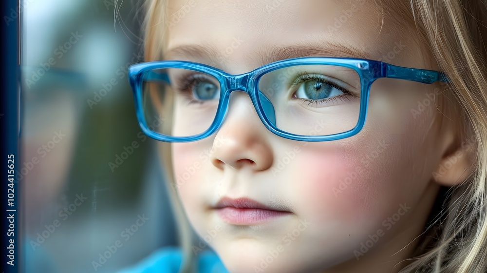 Young child wearing blue glasses focusing on distant tree outside window, symbolizing myopia prevention and importance of outdoor activities Young child wearing blue glasses focusing on distant tree outside window, symbolizing myopia prevention and importance of outdoor activities