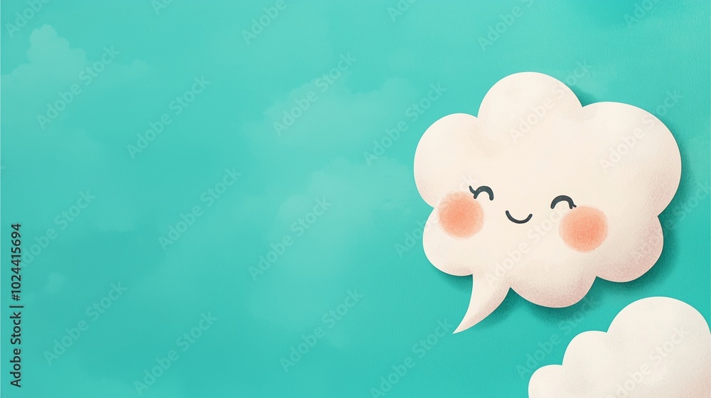 A cheerful, cartoonish speech bubble with a smiling face against a vibrant turquoise background. A cheerful, cartoonish speech bubble with a smiling face against a vibrant turquoise background.
