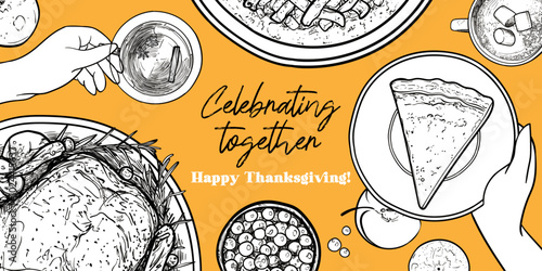 Vector visual for Thanksgiving day. Editable outline and flat fill. Hands holding food over a table with food. Top view of turkey, pies on plates, cranberries, apples.
