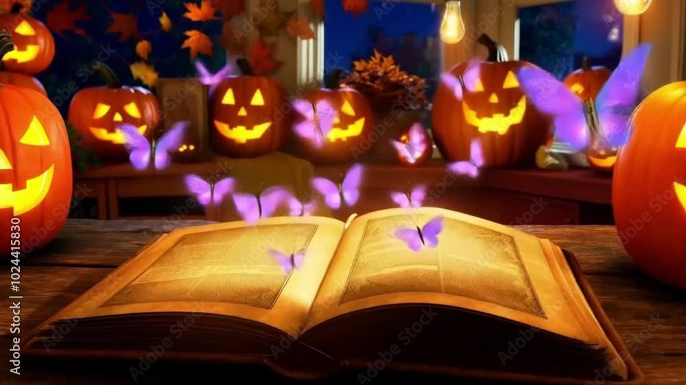A cozy room decorated for Halloween showcases glowing Lanterns, swaying light bulbs, and falling autumn leaves. An open magic book releases illuminated butterflies, creating a whimsical atmosphere fil A cozy room decorated for Halloween showcases glowing Lanterns, swaying light bulbs, and falling autumn leaves. An open magic book releases illuminated butterflies, creating a whimsical atmosphere fil