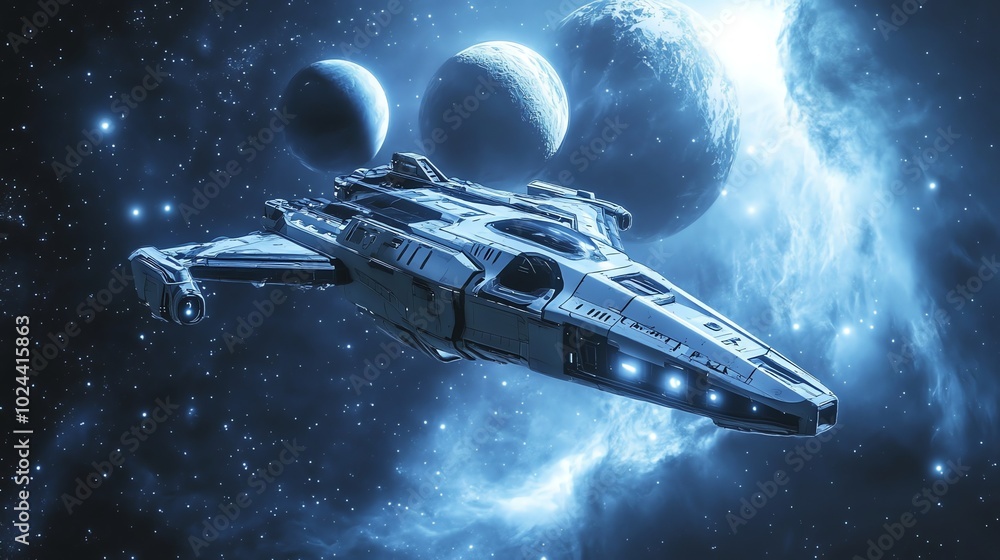 Fototapeta premium Futuristic spaceship in deep space.
