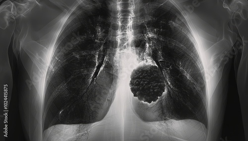 An X-ray of the chest with a focus on the lungs, showing a large, cancerous growth in one lobe, with visible darkened and collapsed alveoli from smoking damage. photo