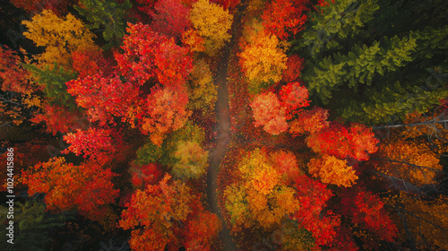 Aerial view of a winding path through a vibrant autumn forest with red, orange, and yellow trees 