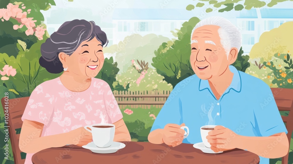 Asian couple in blue shirt, pink dress celebrate anniversary in garden. Asian couple in blue shirt, pink dress celebrate anniversary in garden.