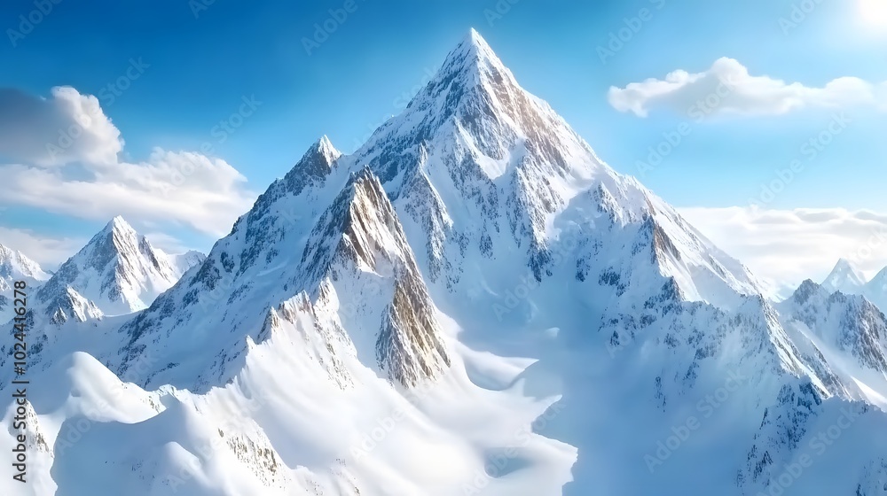Obraz premium A breathtaking snow-capped mountain peak rises majestically against a clear blue sky, surrounded by a landscape of snowy slopes and distant mountain ranges.