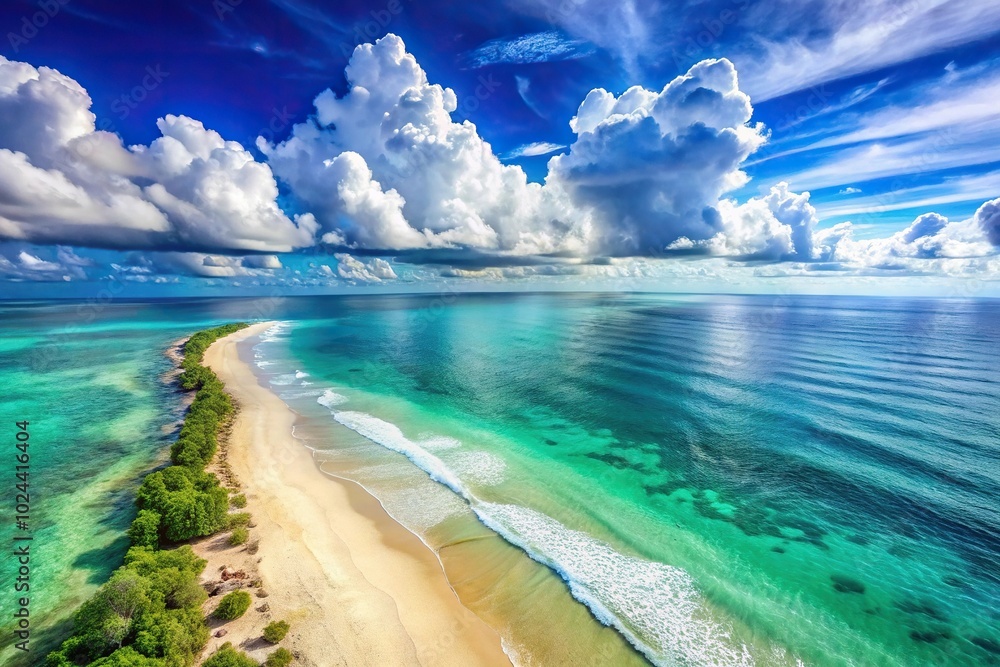 Obraz premium Tranquil beachscape with azure waters and sunlit clouds aerial view