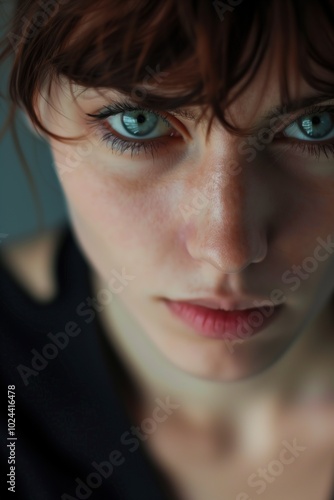 A bold and intense portrait of a woman with striking blue eyes and tousled auburn hair. photo