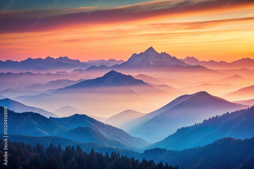 Obraz premium Tranquil dawn over layered mountains in pastel tones background with depth of field