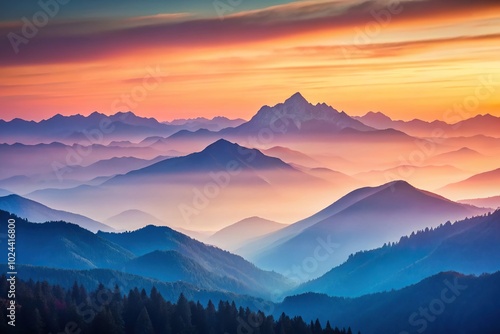 Tranquil dawn over layered mountains in pastel tones background with depth of field