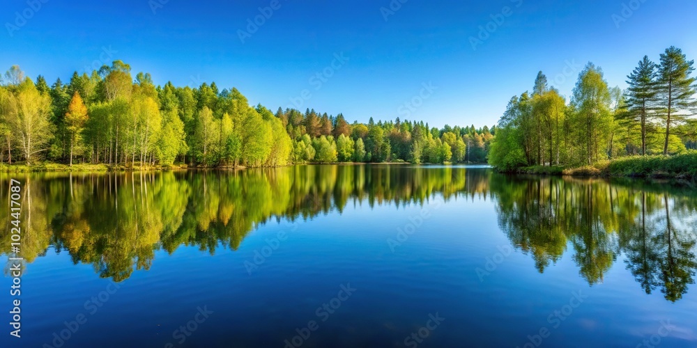 Tranquil forest lake with reflections of trees under clear blue sky Tranquil forest lake with reflections of trees under clear blue sky
