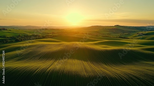 Aerial view of vast, lush green farmlands with perfectly aligned crops, captured by a drone at sunrise, with long shadows and soft light enhancing the textures of the fields