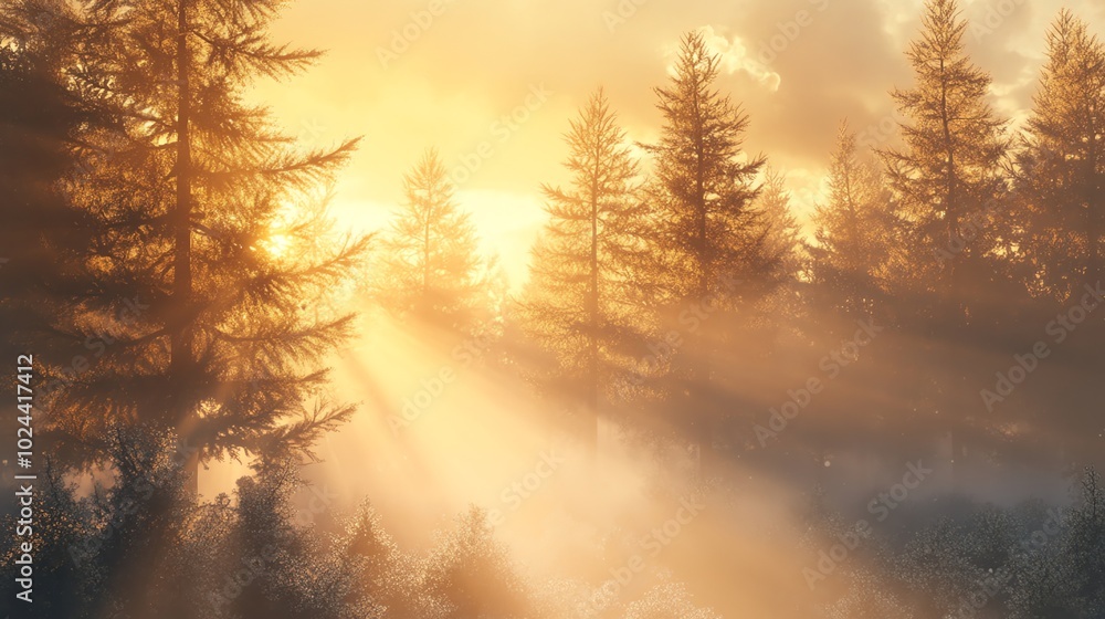 Golden sunlight beams through a foggy forest, creating a magical and serene atmosphere. Golden sunlight beams through a foggy forest, creating a magical and serene atmosphere.