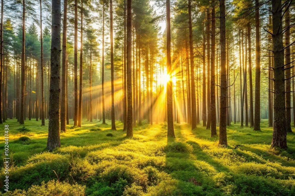 Obraz premium Tranquil forest scene at summer solstice, minimalist drive through nature