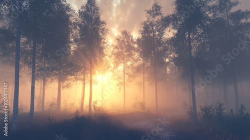 A misty forest at sunset with warm sunlight illuminating the trees.