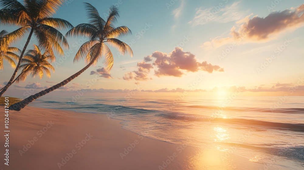 A tranquil beach scene with palm trees swaying in the gentle breeze as the sun sets over the ocean. A tranquil beach scene with palm trees swaying in the gentle breeze as the sun sets over the ocean.