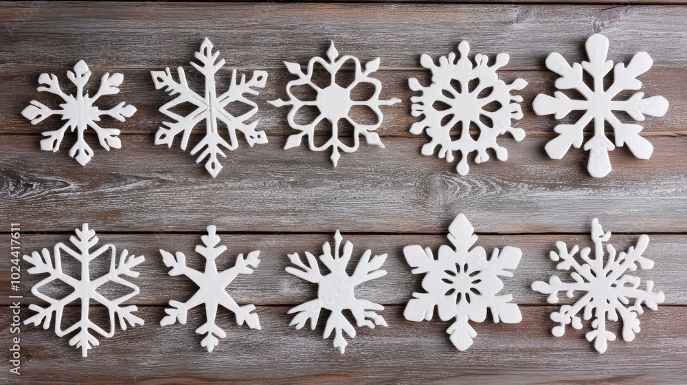 White wooden snowflakes on wooden background for Christmas decor. White wooden snowflakes on wooden background for Christmas decor.