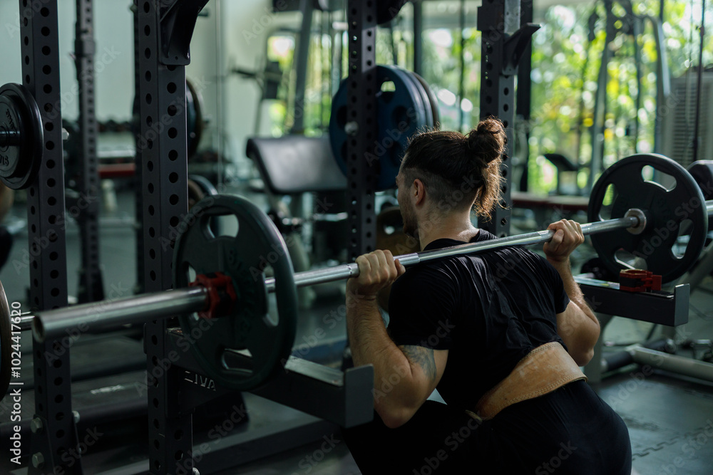 muscular man is exercising and lifting weights exercise. Increase arm and shoulder muscles. weightlifting training in squat workout. muscular man is exercising and lifting weights exercise. Increase arm and shoulder muscles. weightlifting training in squat workout.