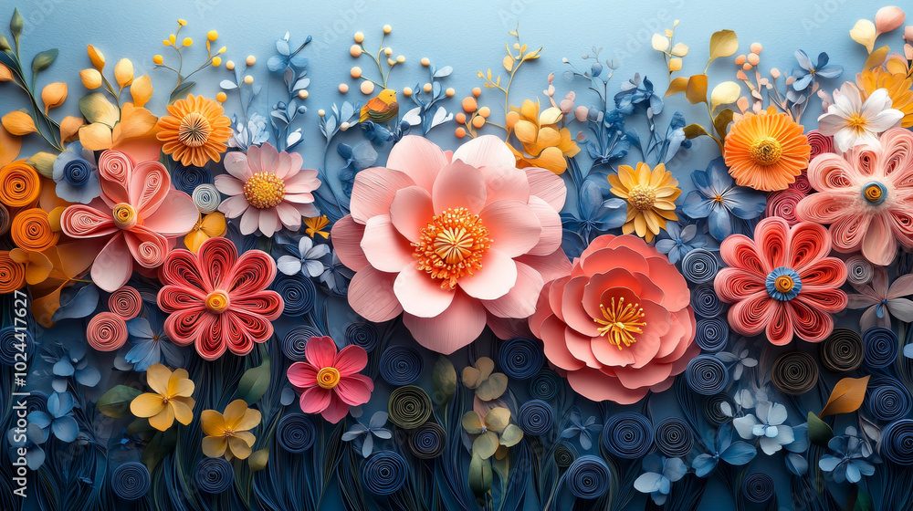 Abstract 3D Flower Garden Background with Quilling Paper Design Abstract 3D Flower Garden Background with Quilling Paper Design