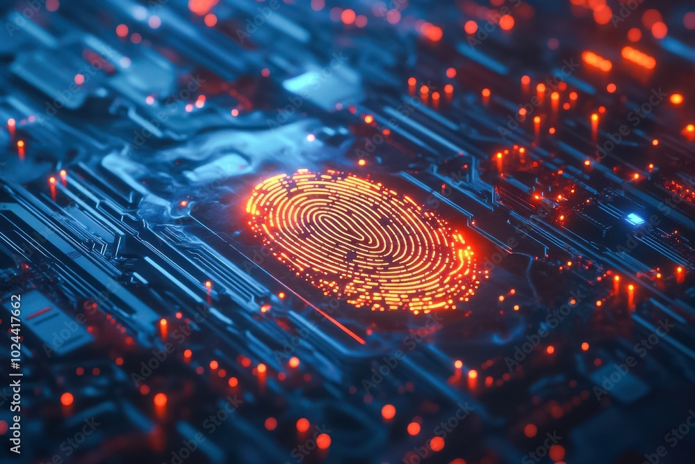 A glowing fingerprint embedded on a sleek, high-tech circuit board, illuminated A glowing fingerprint embedded on a sleek, high-tech circuit board, illuminated
