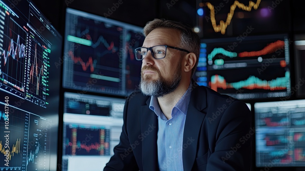 Businessman Analyzing Stock Market Data in Modern Room Businessman Analyzing Stock Market Data in Modern Room