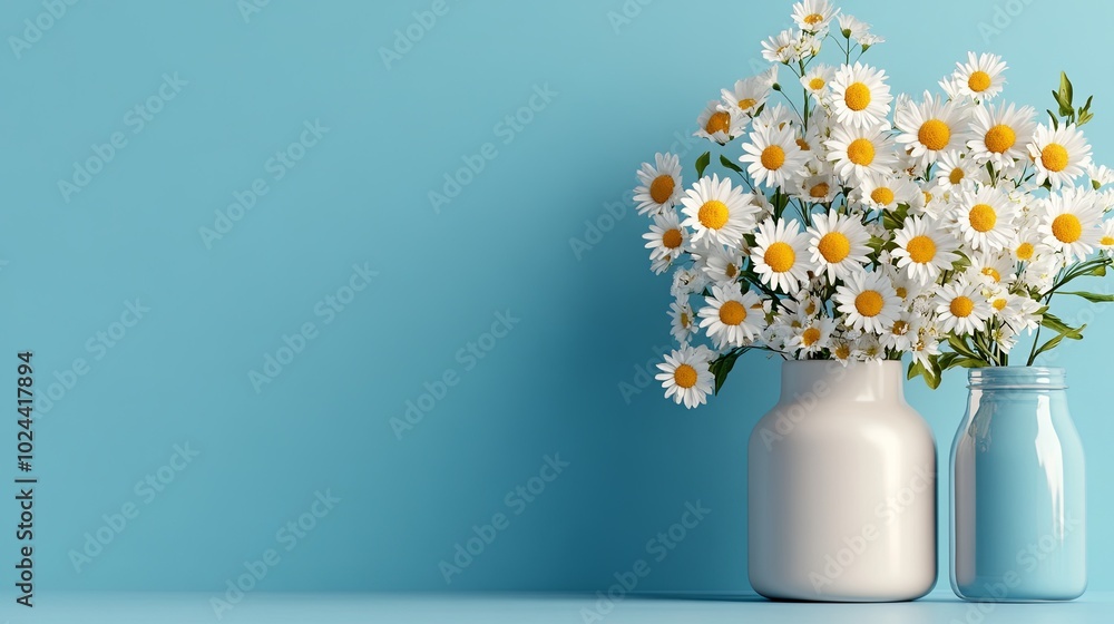 Fresh Flowers in Vases on Blue Background Fresh Flowers in Vases on Blue Background