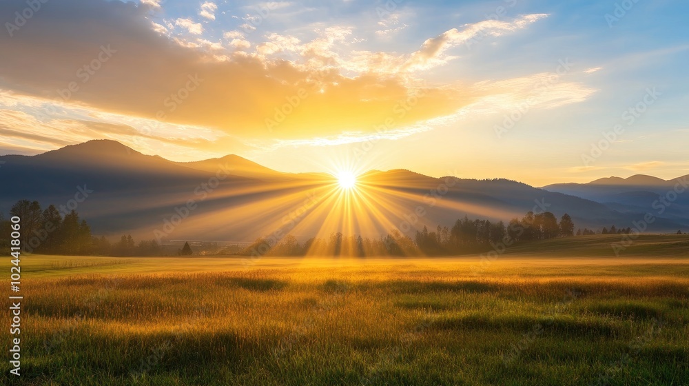 Golden Rays of Morning Sunlight in Tranquil Landscape Golden Rays of Morning Sunlight in Tranquil Landscape