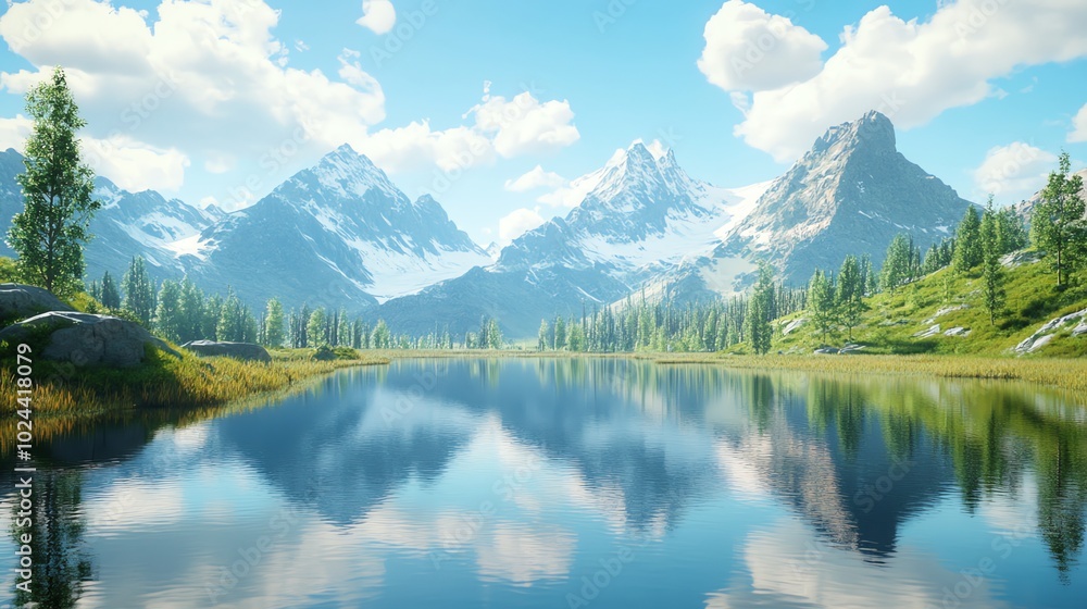 Calm mountain lake with snow-capped peaks and blue sky. Calm mountain lake with snow-capped peaks and blue sky.