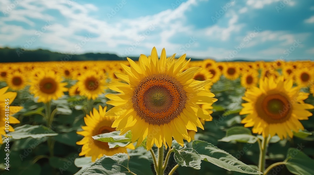 Drone perspective of a sunflower field in full bloom, stretching toward the horizon, with the vibrant yellow flowers contrasting against the deep blue sky, leaving room for copy Drone perspective of a sunflower field in full bloom, stretching toward the horizon, with the vibrant yellow flowers contrasting against the deep blue sky, leaving room for copy