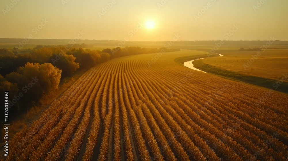Naklejka premium Drone view of a large cornfield in the late afternoon, with the sun casting a golden glow over the landscape and a winding river seen in the distance, creating space for copy
