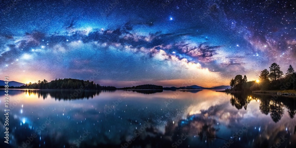 Fototapeta premium Tranquil lake reflecting starry night sky