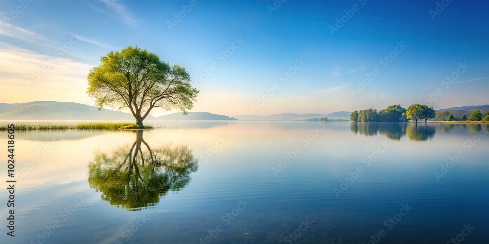 Tranquil lake with solitary tree reflecting in the water, surrounded by serene nature and forest Tranquil lake with solitary tree reflecting in the water, surrounded by serene nature and forest