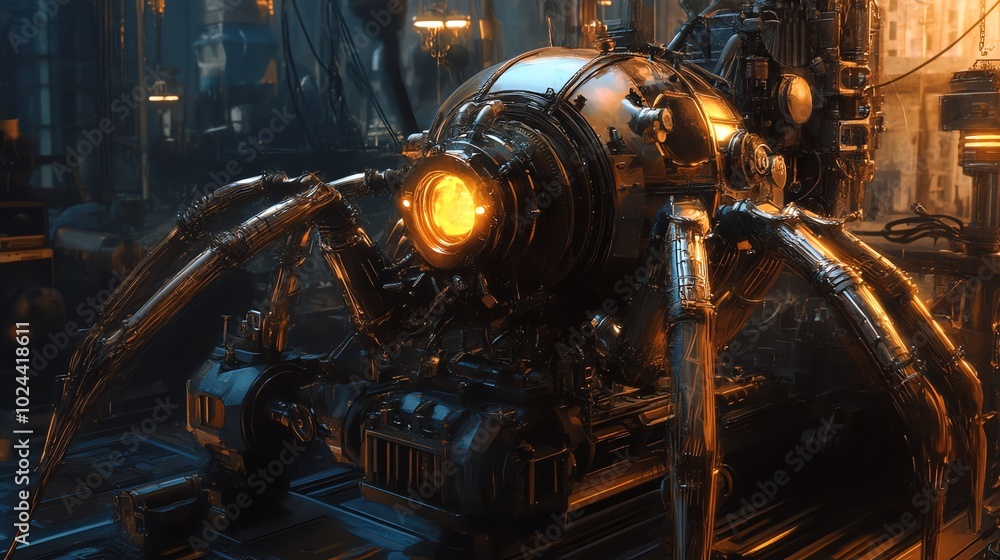 A steampunk-inspired spider robot with glowing lights and intricate gears. A steampunk-inspired spider robot with glowing lights and intricate gears.