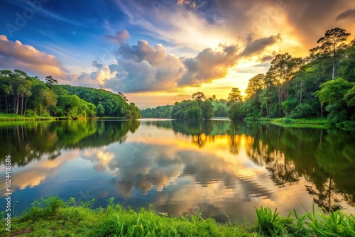 Tranquil lakes and lush forests under sunset, perfect for relaxation and comfort photo