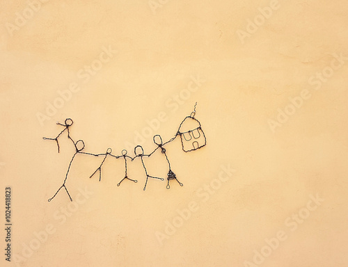 Family Portrait with Wire Art and Happiness on the Wall