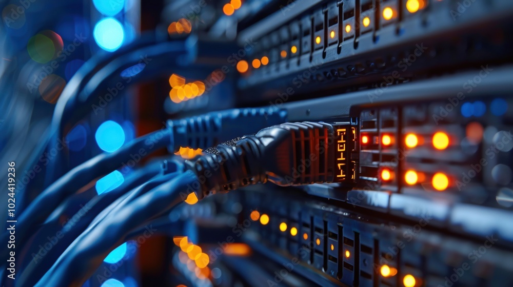Naklejka premium Intricate Network of Cables Illuminating a High-Performance Server Room with Vibrant Lights