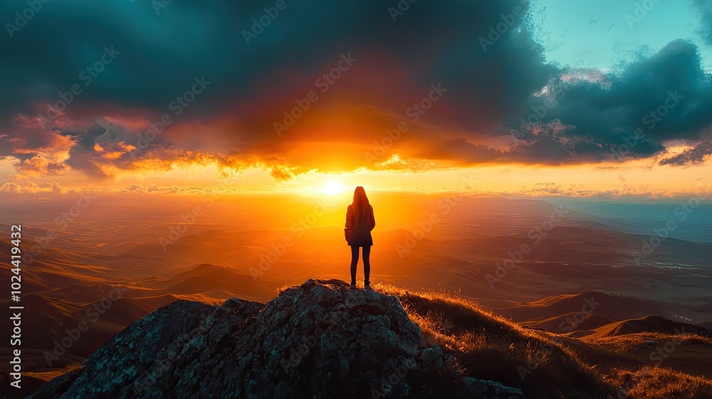 Fototapeta premium Sunset View from Mountain Peak with Silhouette