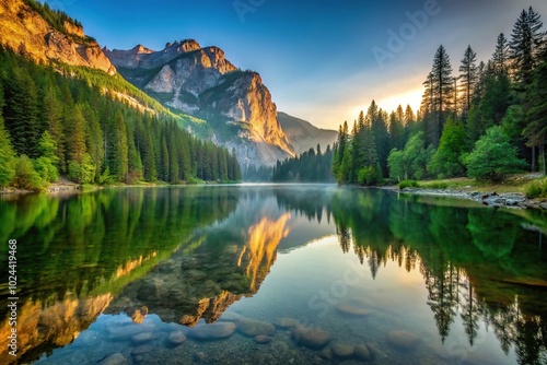 Tranquil mountain lake with reflections of steep cliffs and forest in calm water at dawn, Low Angle