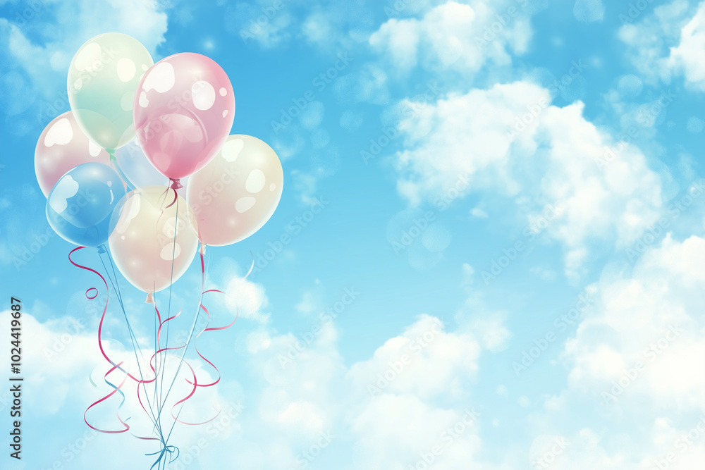 A background featuring floating balloons with long, curling ribbons against a soft, blue sky with clouds A background featuring floating balloons with long, curling ribbons against a soft, blue sky with clouds