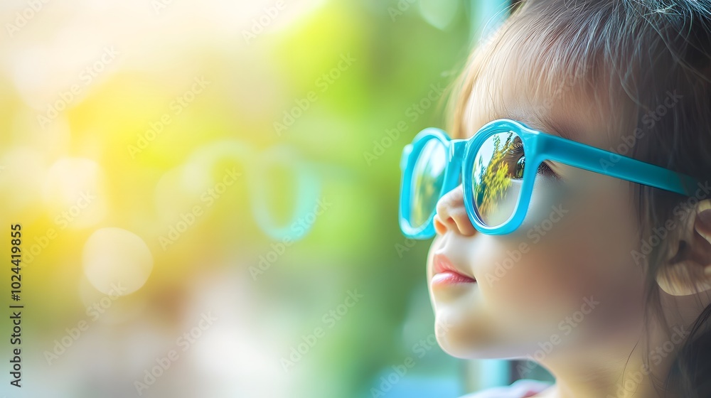 Young child wearing blue glasses focusing on distant tree outside window, symbolizing myopia prevention and importance of outdoor activities Young child wearing blue glasses focusing on distant tree outside window, symbolizing myopia prevention and importance of outdoor activities
