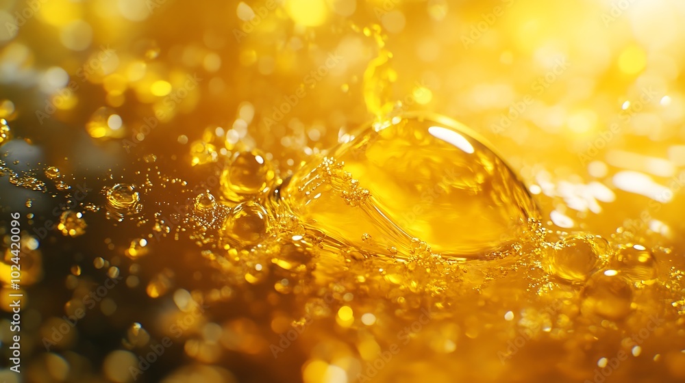 A close-up of a golden liquid splashing and creating droplets against a blurred golden background. A close-up of a golden liquid splashing and creating droplets against a blurred golden background.